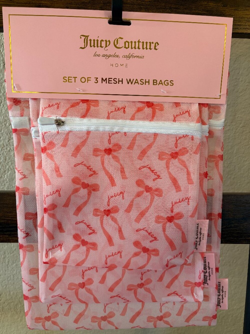 Juicy Couture Mesh Wash Bag Set of 3 Pink Bow Laundry Bags Travel